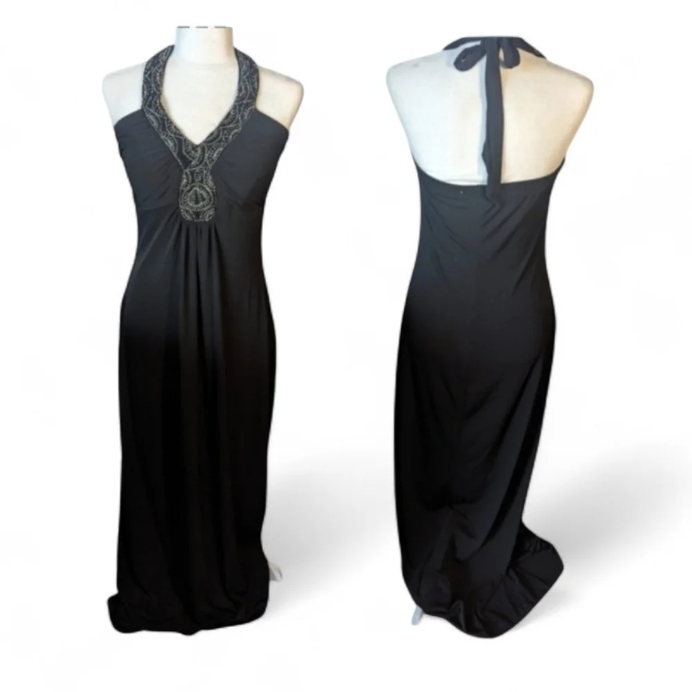 Y2K black Maxi Dress Gown halter Whimsigoth witchy sexy embellishments sz 8 - Picture 10 of 10